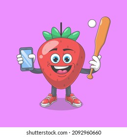 Cute Happy Strawberry Playing Baseball Cartoon Vector Illustration. Fruit Mascot Character Concept Isolated Premium Vector