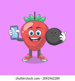 Cute Happy Strawberry Playing Bowling Cartoon Vector Illustration. Fruit Mascot Character Concept Isolated Premium Vector