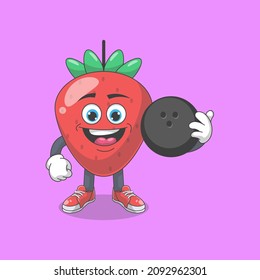 Cute Happy Strawberry Playing Bowling Cartoon Vector Illustration. Fruit Mascot Character Concept Isolated Premium Vector