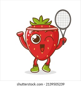 Cute Happy Strawberry Playing Tennis Cartoon Vector Illustration. Fruit Mascot Character Concept Isolated