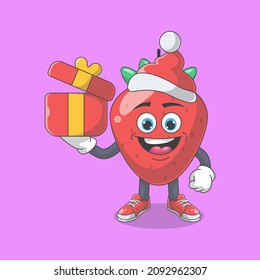 Cute Happy Strawberry Santa Cartoon Vector Illustration. Fruit Mascot Character Concept Isolated Premium Vector