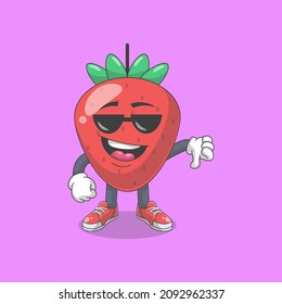 Cute Happy Strawberry Thumbs Down Cartoon Vector Illustration. Fruit Mascot Character Concept Isolated Premium Vector
