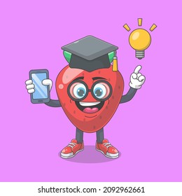 Cute Happy Strawberry University Graduate Cartoon Vector Illustration. Fruit Mascot Character Concept Isolated Premium Vector