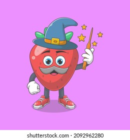 Cute Happy Strawberry Wizard Cartoon Vector Illustration. Fruit Mascot Character Concept Isolated Premium Vector