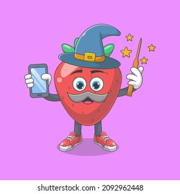 Cute Happy Strawberry Wizard Cartoon Vector Illustration. Fruit Mascot Character Concept Isolated Premium Vector