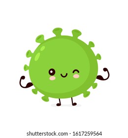 Cute happy strong good probiotic bacteria show muscle. Vector flat cartoon character illustration icon design.Isolated on white background. Enteric probiotic bacteria, gut and intestinal flora concept