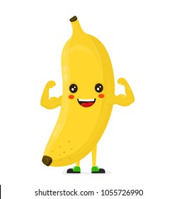 Cute happy strong smiling banana show muscle biceps. Vector modern flat style cartoon character illustration. Isolated on white background.  Eating healthy food, fitness, sport,banana concept design