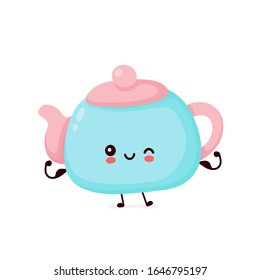 Cute happy strong smiling teapot show muscle. Vector flat cartoon character illustration icon design.Isolated on white background. Teapot,tea menu concept