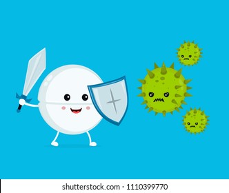 Cute happy strong tablet pill guardian fight with bacteria microorganism virus,germ.Vector flat cartoon character illustration icon.Tablet,health,medical antibiotic,shield protect,kill germ concept