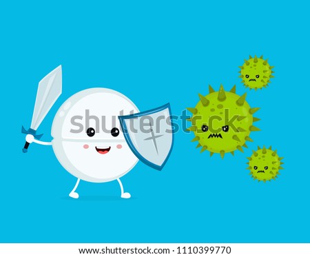 Cute happy strong tablet pill guardian fight with bacteria microorganism virus,germ.Vector flat cartoon character illustration icon.Tablet,health,medical antibiotic,shield protect,kill germ concept