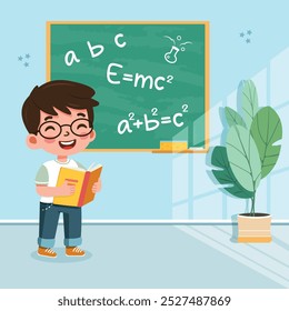 Cute and happy student boy standing in front of blackboard in classroom. Back to school concept. Vector illustration in flat cartoon style