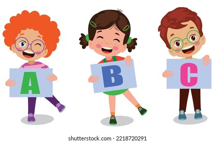 cute happy students holding letters