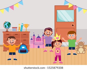 cute happy students smiling waving hand at school .vector illustration