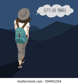 Cute happy stylish traveling girl in the mountains on dark background with hand drawn inscription Let's go travel. Cartoon vector illustration.