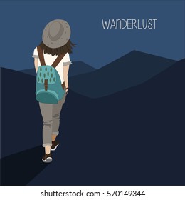 Cute happy stylish traveling girl in the mountains on dark background with hand drawn inscription "Wanderlust". Cartoon vector illustration. Space for your text.