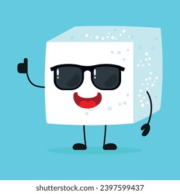 Cute happy sugar character wear sunglasses. Funny ingredient greet friend cartoon emoticon in flat style. closet vector illustration svg