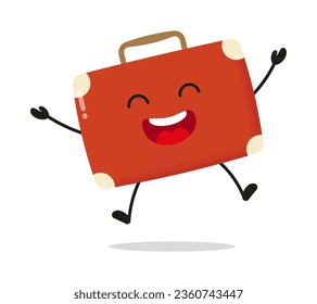Cute happy suitcase character. Funny victory jump celebration briefcase cartoon emoticon in flat style. bag vector illustration