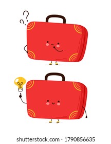 Cute happy suitcase character with question mark and idea lightbulb. Isolated on white background. Vector cartoon character hand drawn style illustration