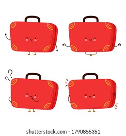 Cute happy suitcase character set collection. Isolated on white background. Vector cartoon character hand drawn style illustration