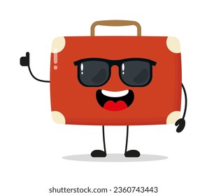 Cute happy suitcase character wear sunglasses. Funny briefcase greet friend cartoon emoticon in flat style. bag vector illustration