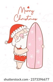 Cute happy summer christmas santa claus with surfboard with heart warming smile. Kawaii joyful Holiday Cartoon doodle hand drawing. Idea for greeting card, invitations, and more.