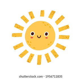 Cute happy summer sun character with funny smiling face. Childish drawing in Scandinavian style. Sunny weather doodle icon. Colored flat graphic vector illustration isolated on white background