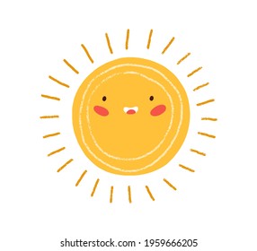 Cute happy summer sun with rays. Childish drawing of solar circle in Scandinavian style. Sunny weather doodle icon. Colored flat textured vector illustration isolated on white background