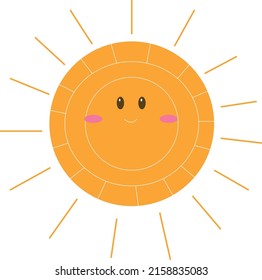 Cute happy summer sun with rays. Childish drawing of solar circle in Scandinavian style. Sunny weather doodle icon. Colored flat textured vector illustration