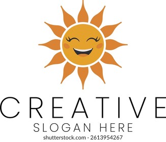 Cute happy sun cartoon logo design perfect for kids products and branding. Bright cheerful image.