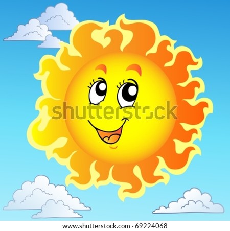 Cute happy Sun on blue sky - vector illustration.