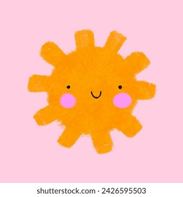 Cute Happy Sun. Pink Morning. Lovely Hand Drawn Vector Illustration with Happy Smiling Sun on a Pink Background. Childish Drawing-like Nursery Art Perfect for Card, Kids' Room Decoration. RGB.