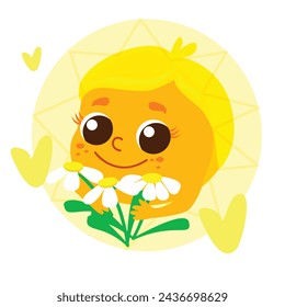A cute happy sun is smiling and holding daisies. Awesome character for logos and advertising in cartoon style isolated on white background.