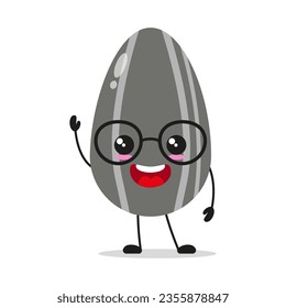 Cute happy sunflower seed wear eyeglasses. Smiling and greet food cartoon emoticon in flat style. nut vector illustration