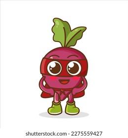 Cute happy super hero beetroot, Superhero Vegetables in a superhero costume, mask and cloak. Vector concept illustration in a flat style for a healthy eating and lifestyle.