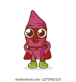 Cute happy super hero sweet potato, superhero costume, mask and cloak. Vector concept illustration in a flat style for a healthy eating and lifestyle.