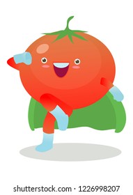Cute happy super tomato, Superhero Vegetables in a superhero costume, mask and cloak. Vector concept illustration in a flat style for a healthy eating and lifestyle.