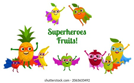 Cute happy superheroes fruits with masks and cloaks. Card with fruits characters. 