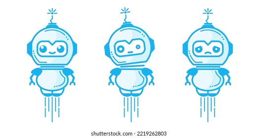 Un robot alegre, triste y sorprendido. Ilustración moderna del personaje de dibujos animados planos vectoriales. Robot amigable, concepto de chat bot. Aislado sobre fondo blanco.