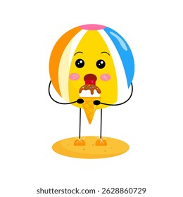 Cute happy and surprised summer beach ball character eating ice cream cone on sand. Fun summer kids illustration in flat cartoon style isolated on white.