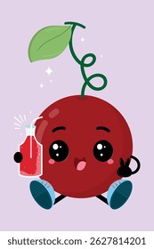 Dibujos animados lindos y felices de la fruta dulce de la cereza con una botella de jugo fresco