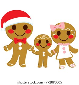 Cute happy sweet gingerbread cookie family holding hands on Christmas day