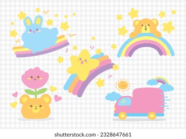 cute happy sweet pastel kawaii cartoon illustration graphic element vector set for decorating your artwork