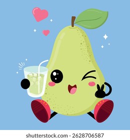 Cute And Happy Sweet Pear Fruit Cartoon With A Glass Of Fresh Juice
