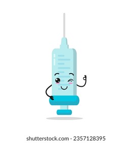 Cute happy syringe character. Funny smiling and wink medication cartoon emoticon in flat style. injection vector illustration