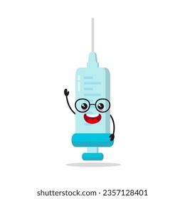 Cute happy syringe character wear eyeglasses. Smiling and greet medication cartoon emoticon in flat style. injection vector illustration