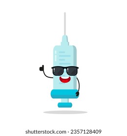 Cute happy syringe character wear sunglasses. Funny medication greet friend cartoon emoticon in flat style. injection vector illustration