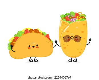 Cute happy taco and burrito card. Vector hand drawn doodle style cartoon character illustration icon design. Happy taco and burrito friends concept card. Mexican food concept card