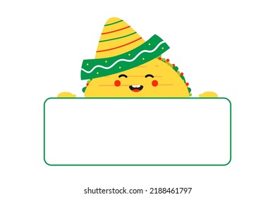 Cute and happy taco character in sombrero holding in hands blank card, banner. 