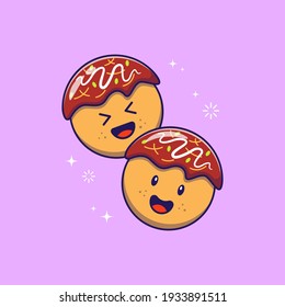 Cute Happy Takoyaki Octopus Balls. Food and Drink Icon Concept. Flat Cartoon Vector Illustration Isolated
