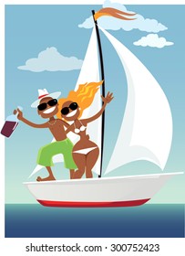 Cute happy tanned couple on a sailing boat, vector cartoon, no transparencies, EPS 8